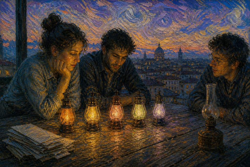 Image Impressionist-style illustration of engineers at dusk choosing among five glowing lanterns, with an extinguished lamp and unused tickets set aside