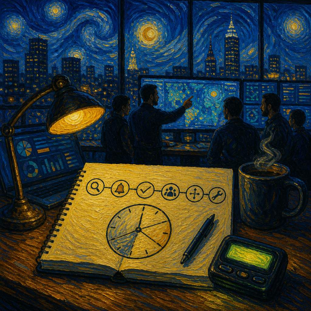 Image Impressionist-style illustration of a night ops desk with a segmented clock timeline, glowing pager, and engineers coordinating while the keyboard sits untouched