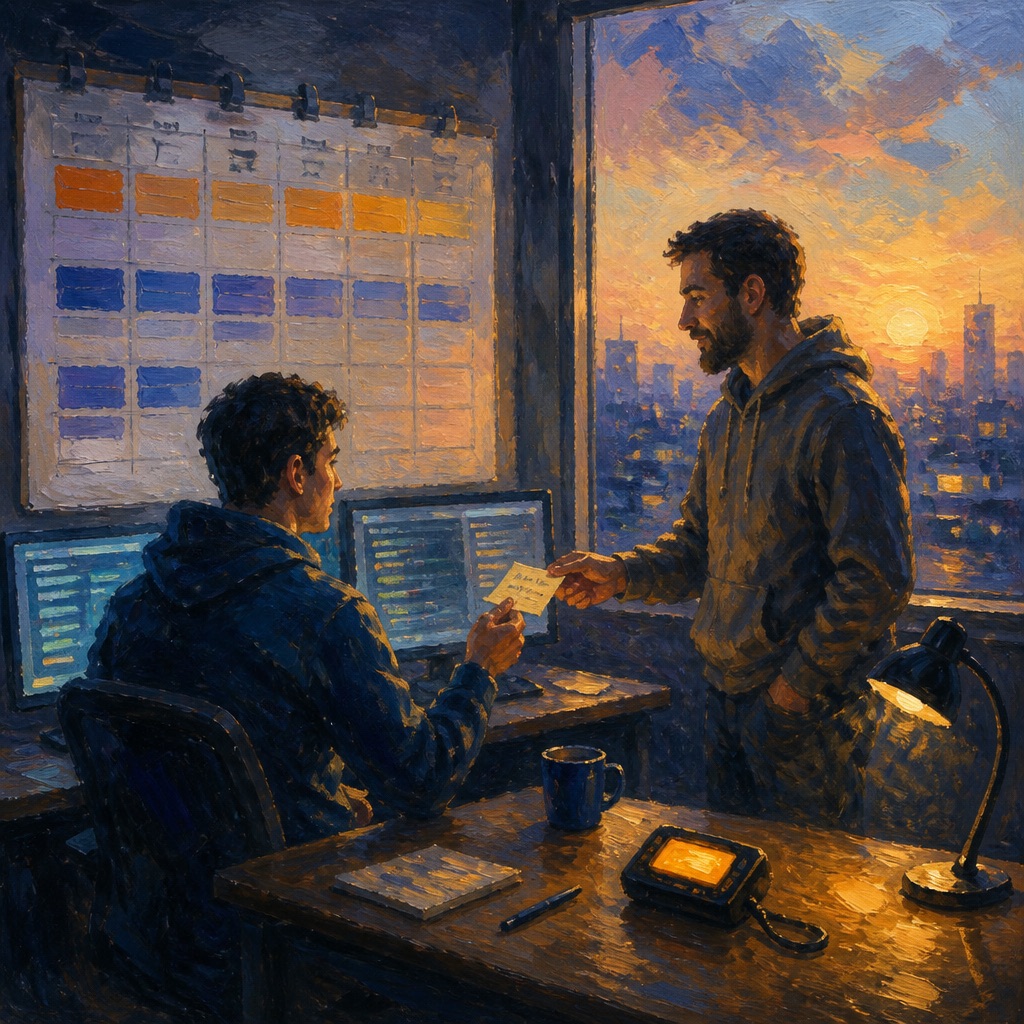Image Impressionist-style illustration of a night ops desk with a weekly rotation calendar, glowing pager, and engineers exchanging an on-call handoff