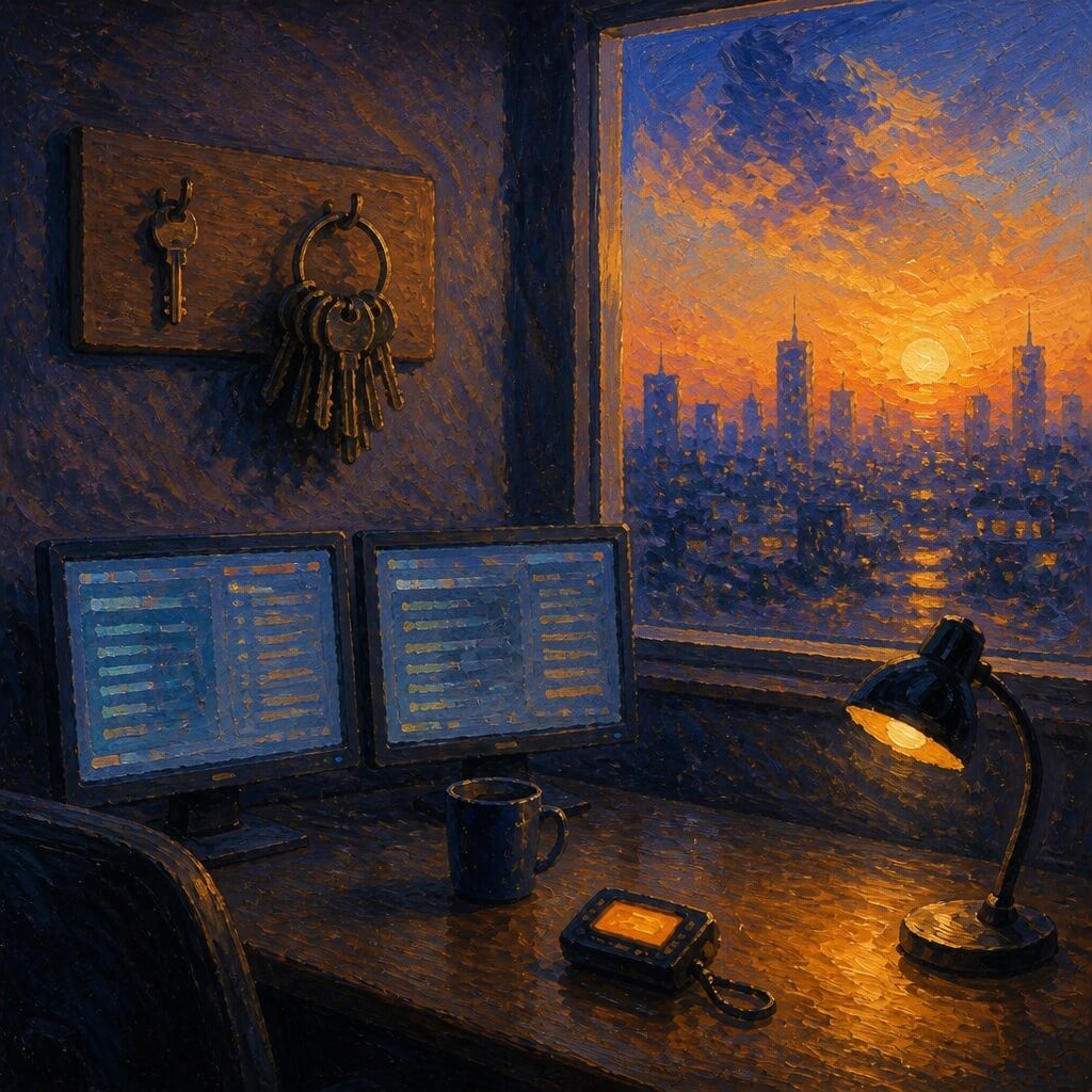 Image Impressionist-style illustration of a night ops desk with a single small key on a hook beside a large ring of unused keys