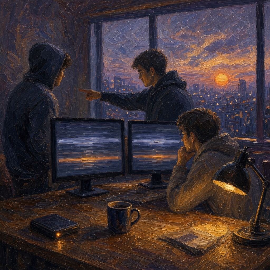 Image Impressionist-style illustration of a night ops desk with engineers coordinating around glowing monitors while a silent pager sits unused