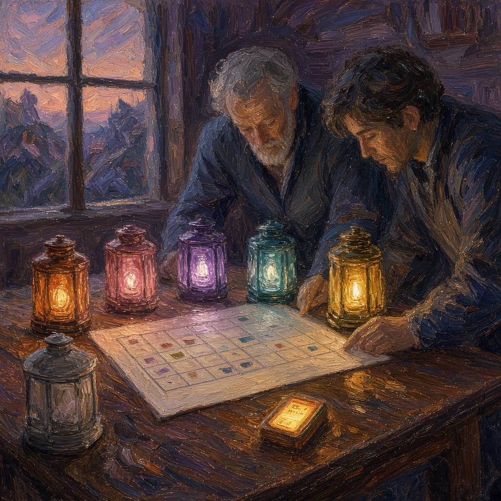 Image Impressionistische Darstellung eines Bereitschaftstischs mit fünf leuchtenden Laternen und einer erloschenen Lampe