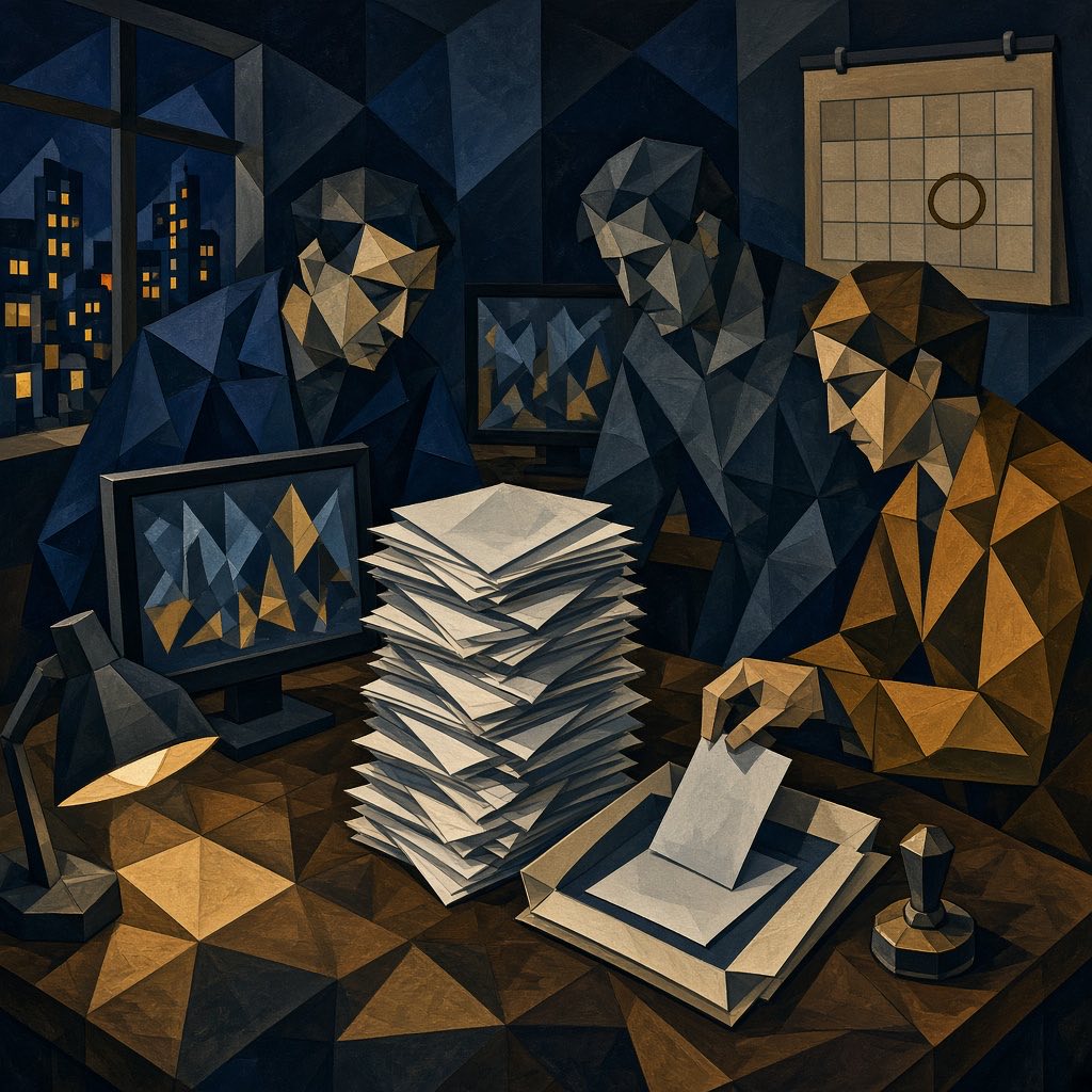 Image Cubist illustration of faceted engineers filing one card from a tall stack of alerts, with a calendar and a team stamp on a night desk