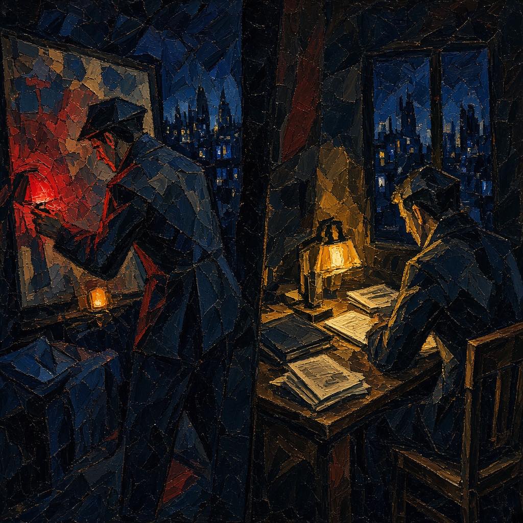 Image Expressionist painting of a night operations room split in two, one engineer at a status board and another at a separate ledger