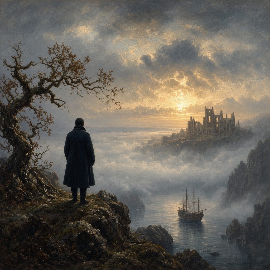 Image Romantic landscape in the manner of Caspar David Friedrich: a solitary figure on a cliff looks across a sea of fog toward a ruined abbey and a sailing ship