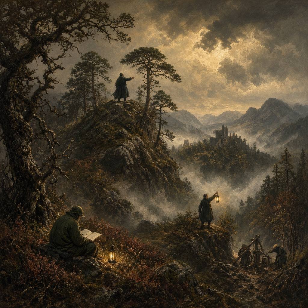 Image Romantic landscape in the manner of Caspar David Friedrich: in a highland forest one figure on a pine crag directs into the woods, another writes in a ledger among the heather, a third signals with a lantern toward a distant castle, and two others work a winch on a forest path