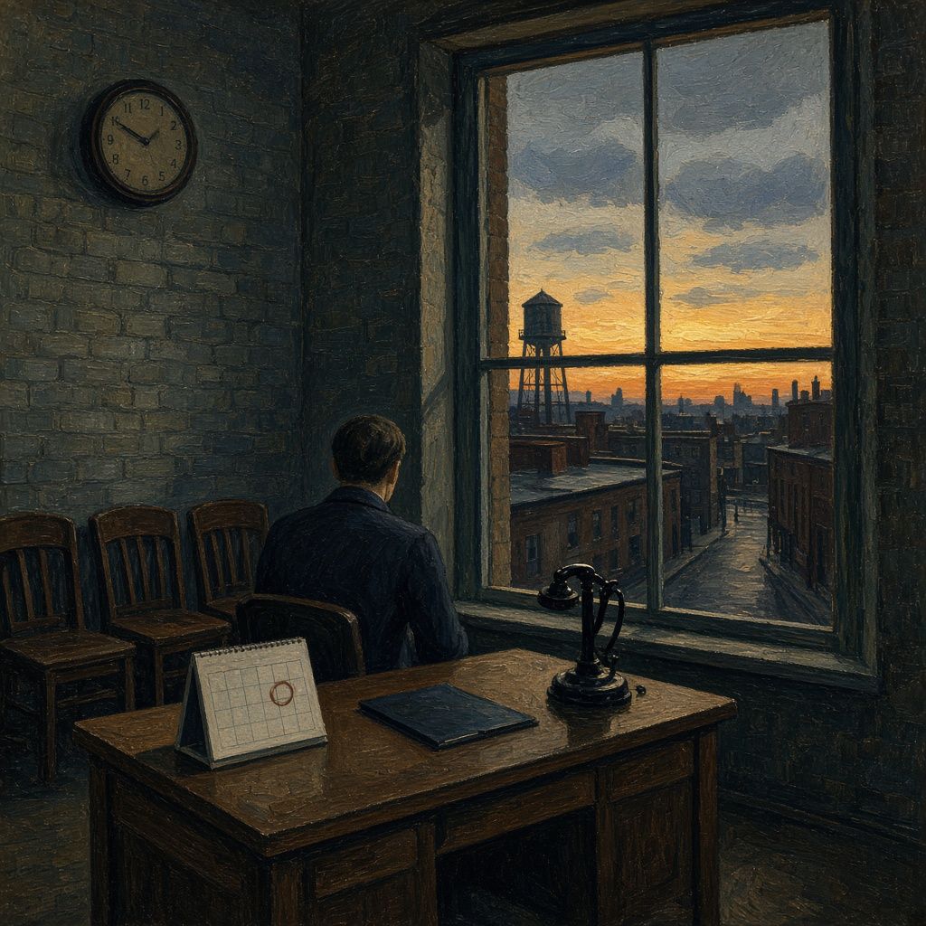 Image Painting in the manner of Edward Hopper: a lone figure at a wooden desk in a brick office at dusk, looking through a tall window at a sunset over city rooftops and a water tower, with a wall clock, a circled calendar and a telephone