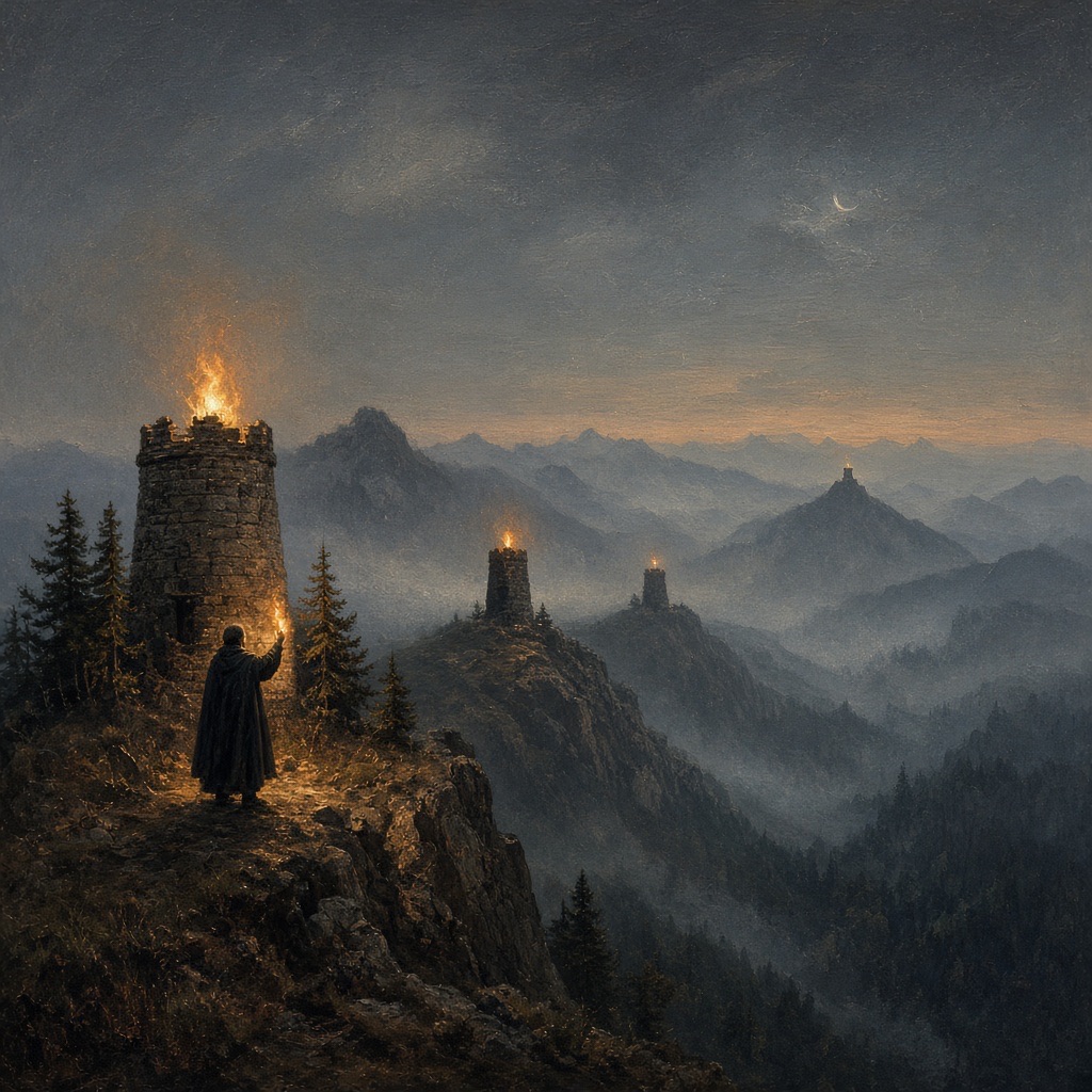 Image Romantic landscape in the manner of Caspar David Friedrich: a cloaked figure on a cliff holds a torch beside a burning stone tower, while a chain of beacon fires recedes across misty mountains under a crescent moon