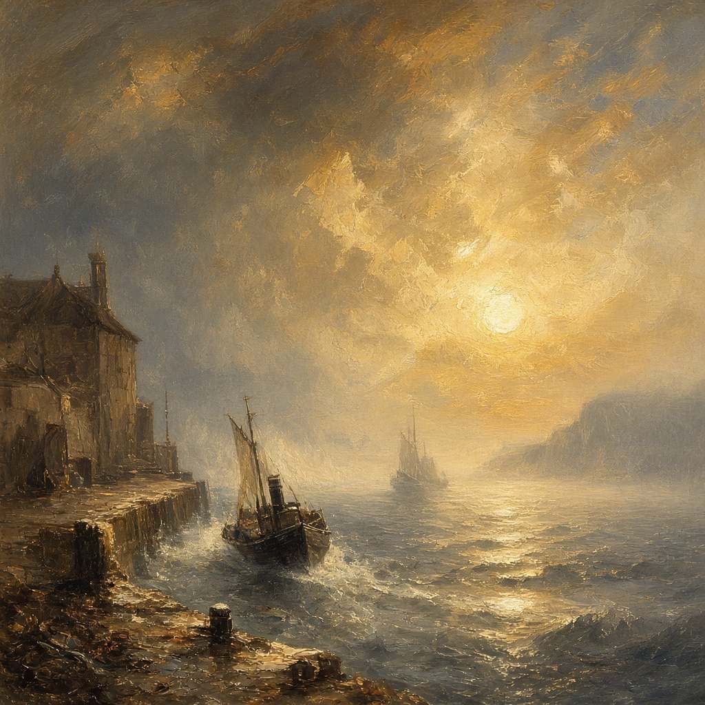 Image Oil painting in the manner of J. M. W. Turner: a packet boat leaves a stone quay into golden mist while a second vessel fades toward a distant headland under a low sun