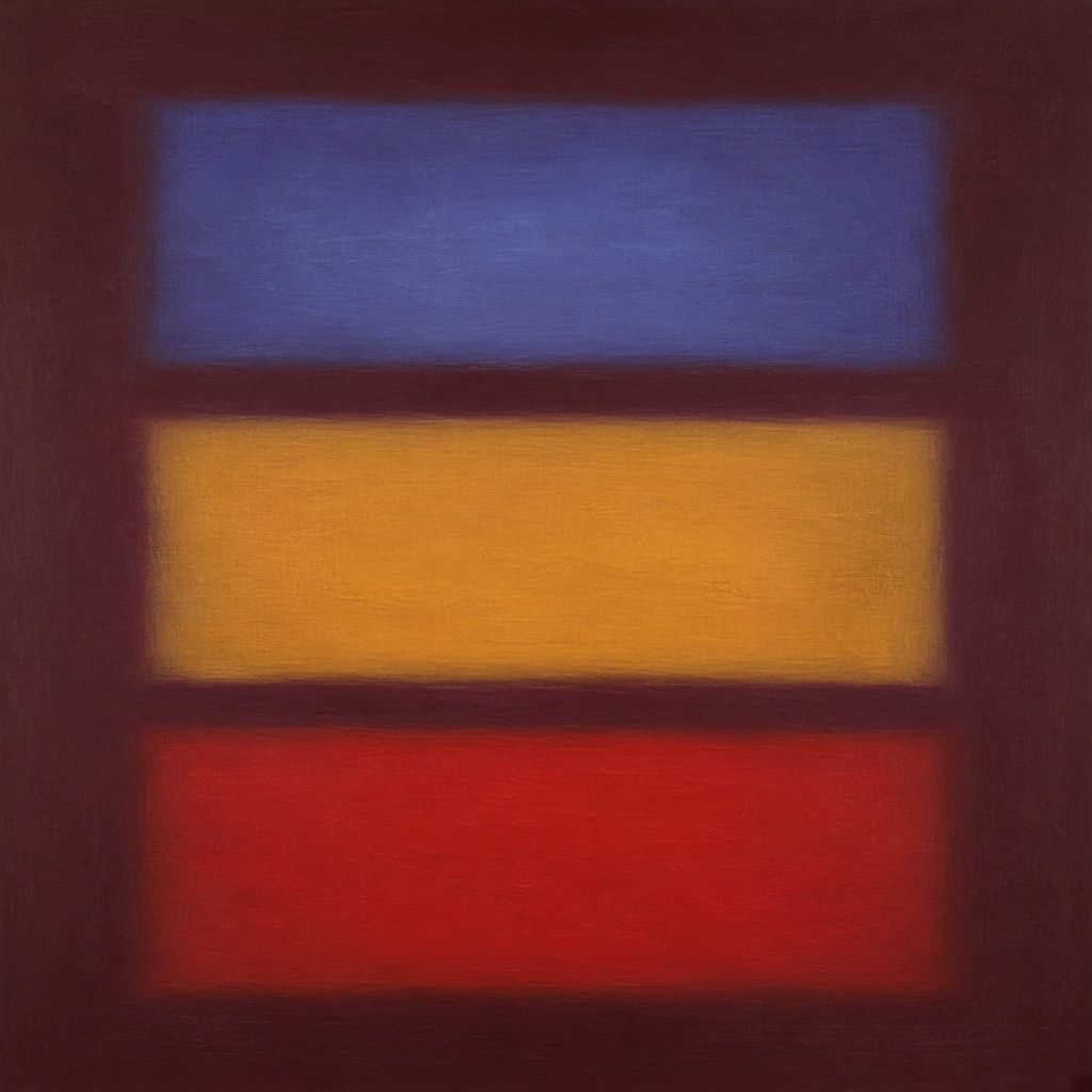 Image Abstract color field painting in the manner of Mark Rothko: three stacked rectangles on a deep maroon ground, indigo above ochre above crimson, with soft feathered edges