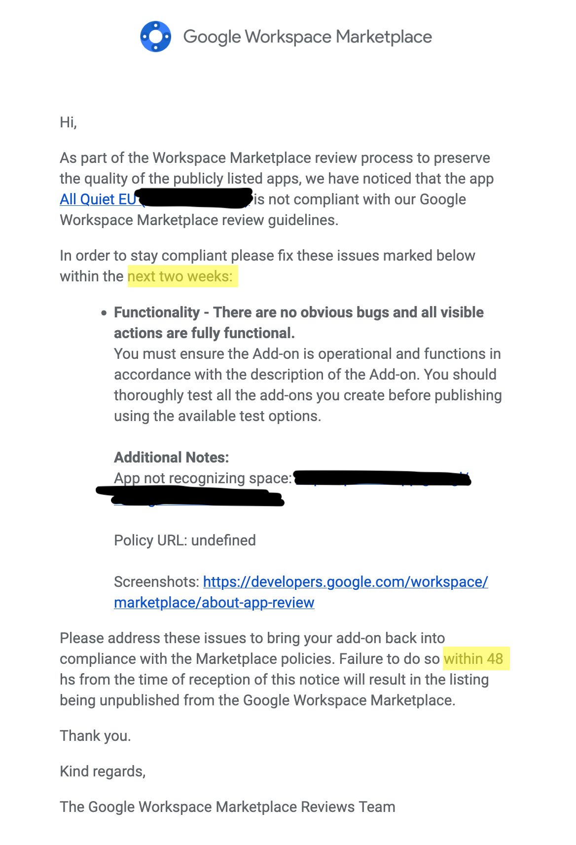 Google Chat App Review Email