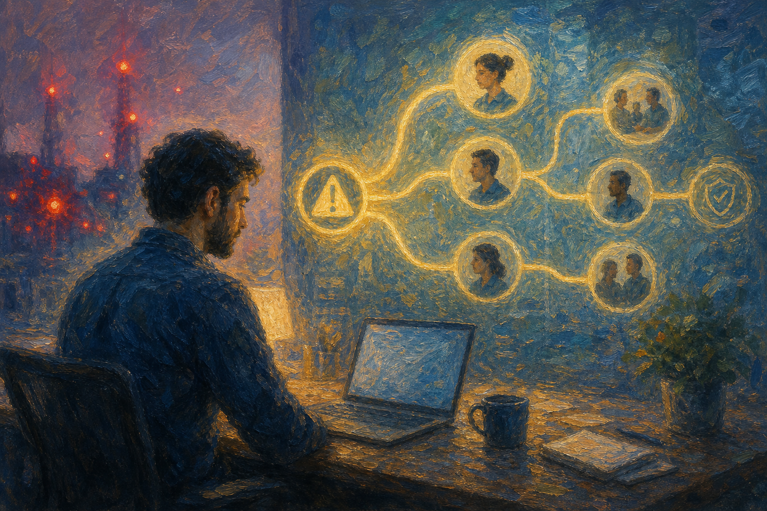 Image Impressionist-style illustration of calm incident management versus chaotic on-call alerting