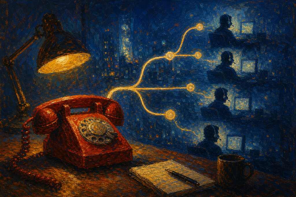 Image Impressionist-style illustration of a red emergency phone connecting callers to on-call engineers through voice routing