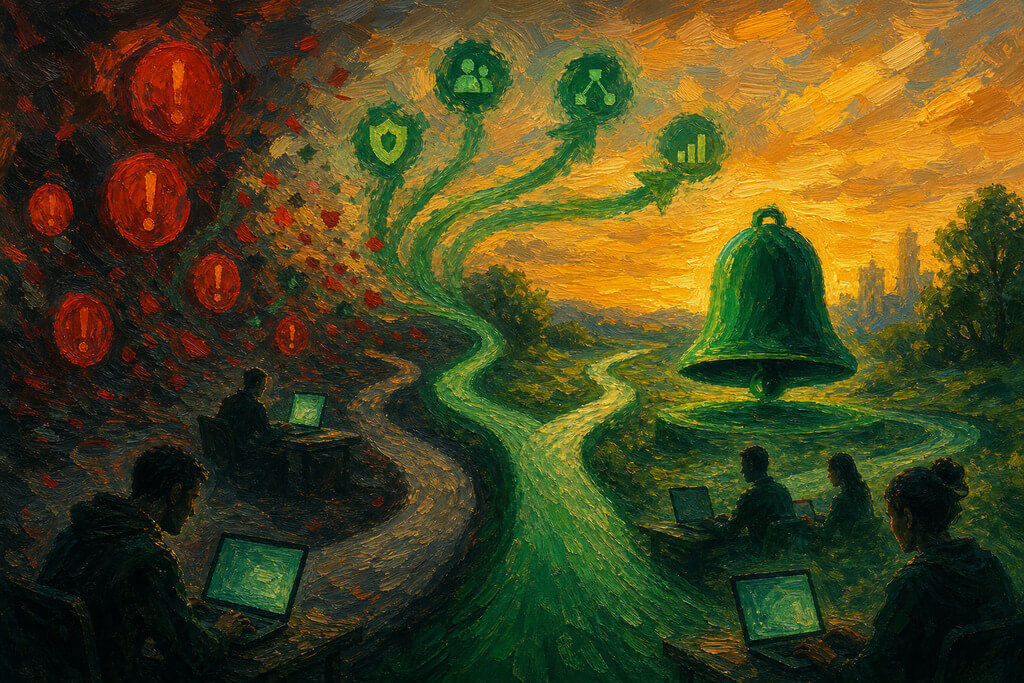 Image Impressionist-style illustration with PagerDuty green accents, showing SRE teams migrating from legacy paging to modern incident management alternatives