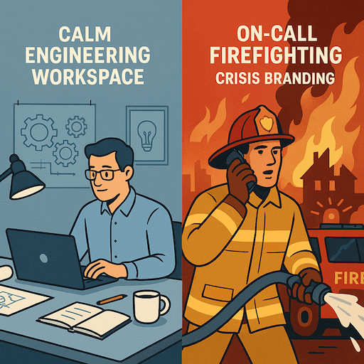 Image Calm engineering workspace contrasted with on-call firefighting and crisis branding
