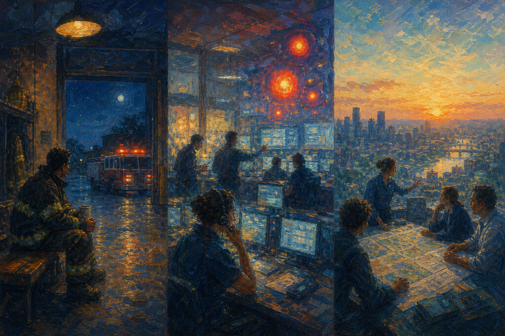 Image Impressionist-style illustration of the SRE lifecycle: on-call coverage, incident response, and strategic incident management as three luminous pillars