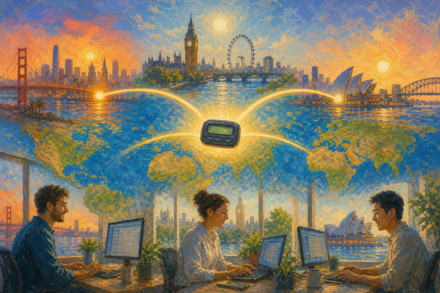 Image Impressionist-style illustration of follow-the-sun on-call: a glowing pager passed between Sydney, London, and San Francisco as golden sun arcs cross a dreamy world map