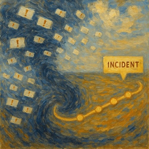 Image Impressionist-style illustration of alert deduplication and grouping turning a storm of identical signals into one clear incident timeline