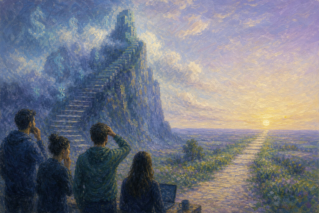 Image Impressionist-style illustration of a startup team facing a steep PagerDuty pricing cliff versus linear All Quiet pricing