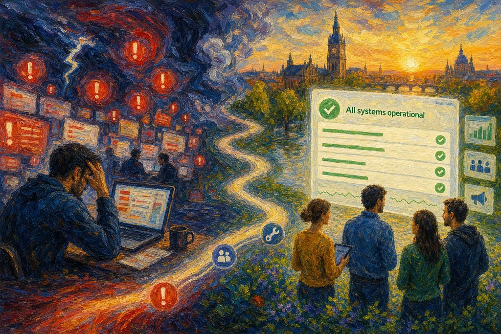 Image Impressionist-style illustration comparing status page software for engineering teams