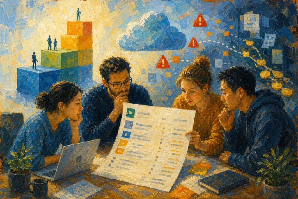 Image Impressionist-style illustration of a team reviewing a complex PagerDuty invoice with tiered pricing, add-on line items, and hidden costs