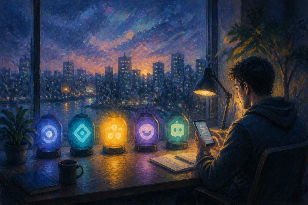 Image Impressionist-style illustration of calm on-call management — a quiet night workspace with five soft glowing tools overlooking a city skyline