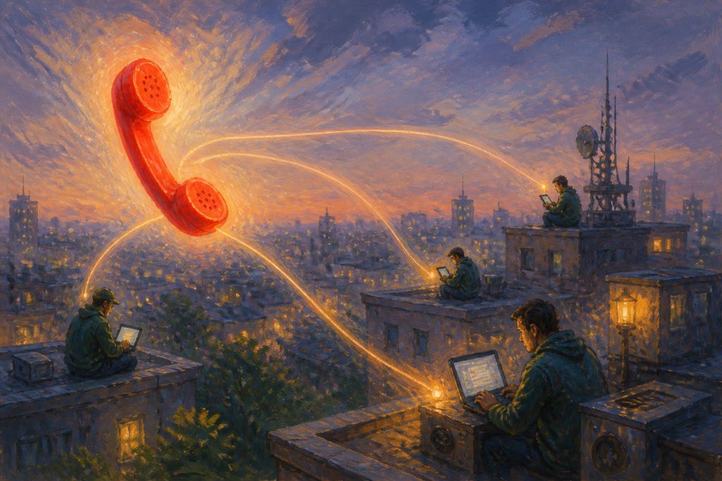 Image Impressionist-style illustration of a glowing emergency phone with luminous call lines connecting to on-call engineers on a quiet city rooftop at dusk