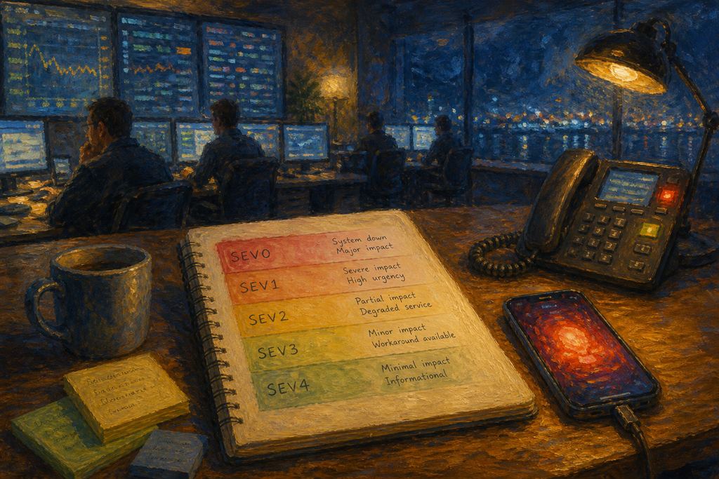 Image Impressionist-style illustration of an ops desk with a handwritten severity matrix notebook, glowing phone, and soft SEV0-to-SEV4 color washes