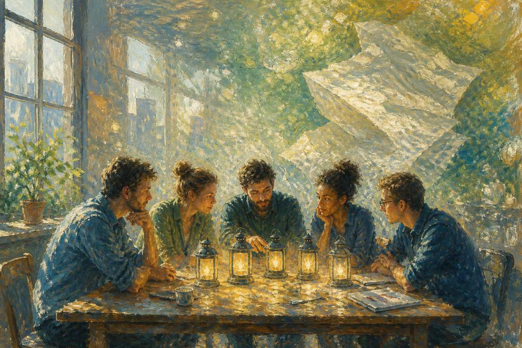 Image Impressionist-style illustration of a five-person engineering team around a sunlit lunch table with five glowing lanterns