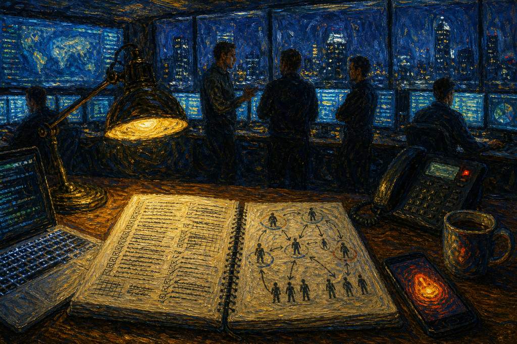 Image Impressionist-style illustration of two open notebooks on a night ops desk: a runbook beside a keyboard and a playbook beside coordinating figures