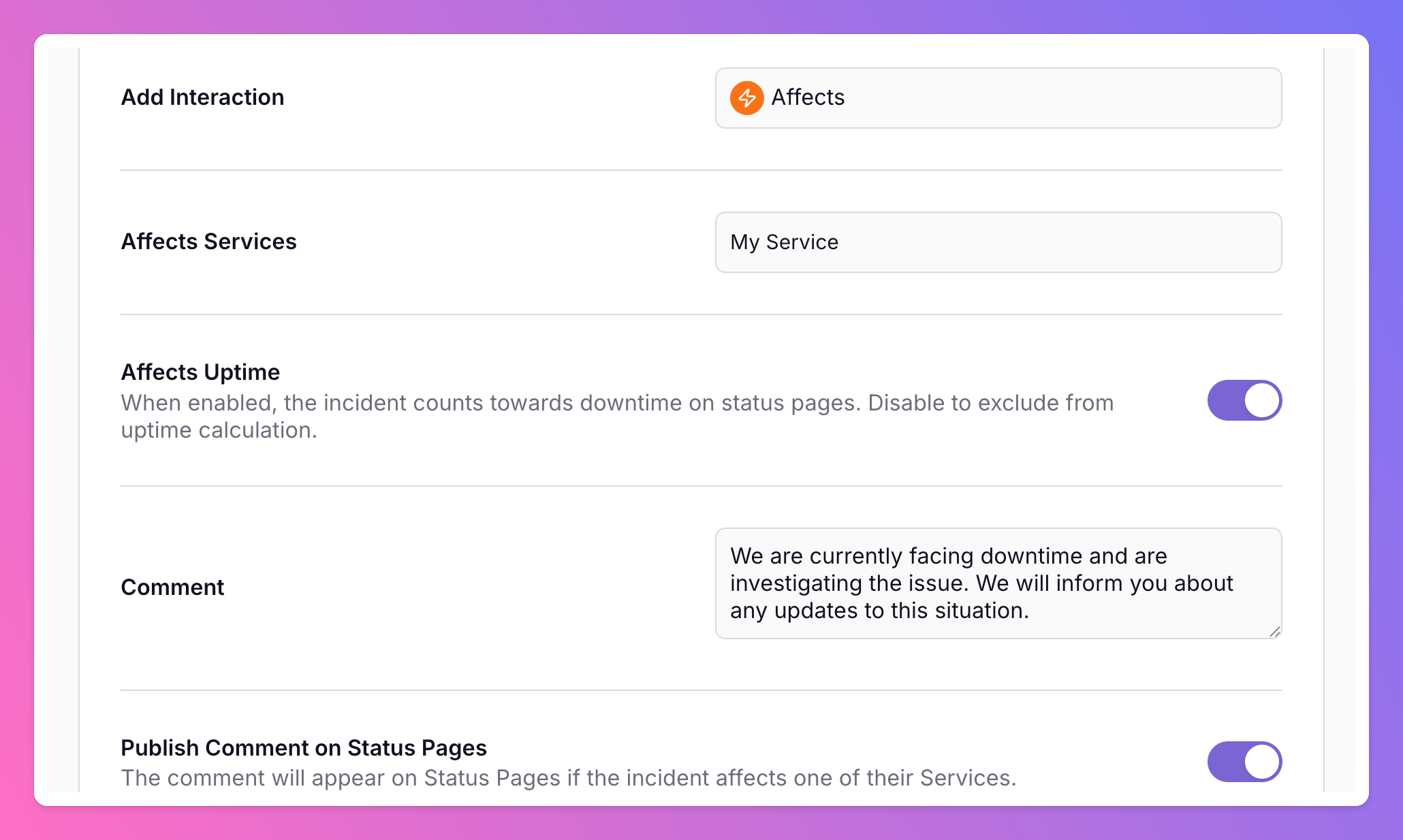 Image Affects Uptime toggle in routing rules and incident actions